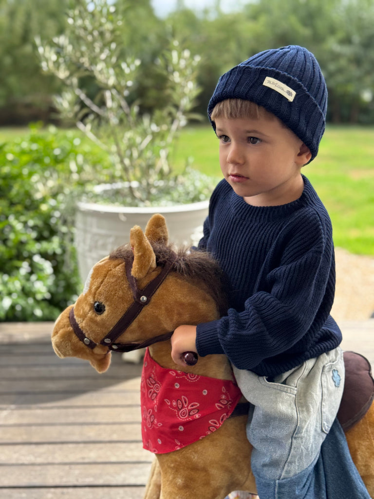 Matching French Navy Beanie and Chunky Knit kids jumper. Knitted in Organic cotton so it can be washed time and time again.
