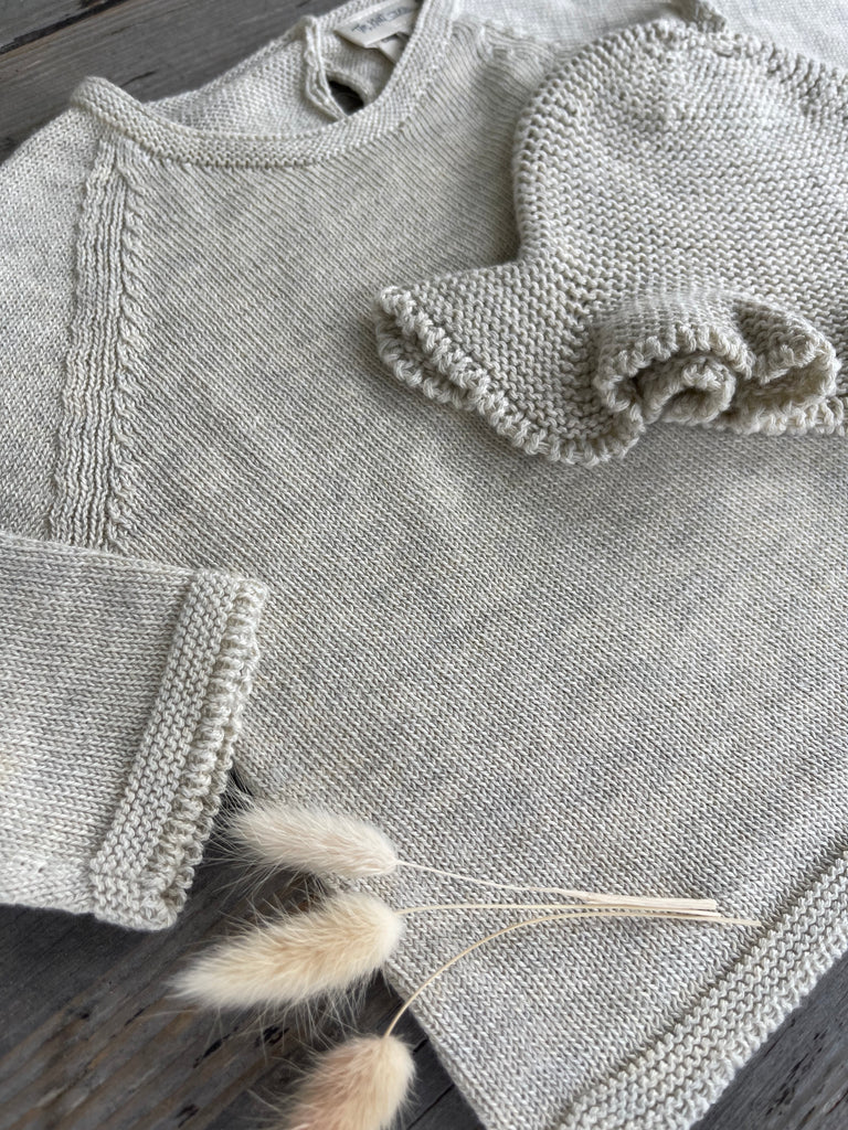 Beautiful matching Oatmeal fine knit jumper for Baby with matching Gumnut design beanie. Organic Cotton. Made in Australia. Made to Order. Sustainable fashion.