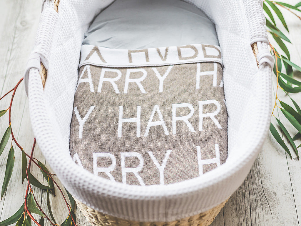 At The Knit Studio we knit our personalised blankets in 100% Organic Cotton. Bassinet sized Harry’s blanket is Fawn Melange and white. There are 25 colours and 7 fonts plus over 50 graphic symbols to choose from. Sustainably, each blanket is individually knitted to order. This custom blanket is personalized with the name of your choice. Australian Made and owned, we provide free shipping worldwide. Named blankets are the perfect gift for baby birthday, baby shower and much more.