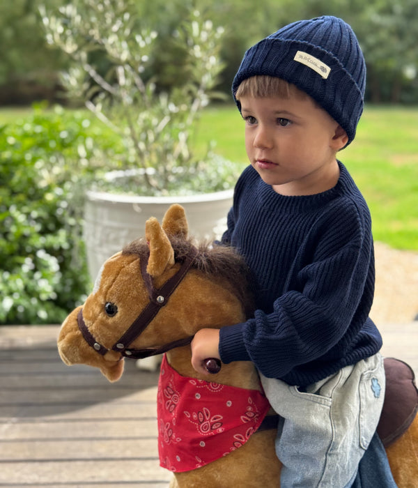 Matching French Navy Beanie and Chunky Knit kids jumper. Knitted in Organic cotton so it can be washed time and time again. 