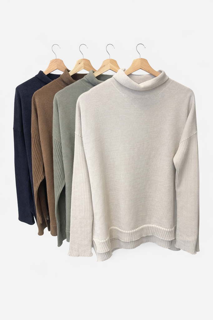 Merino Wool Funnel Neck Jumper with. ribbed sleeves