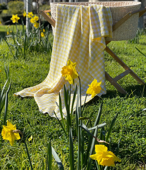 The Knit Studio, Classic Gingham blanket is a timeless baby gift. Quality that lasts and is guaranteed. Choose colours from our stunning range. Knitted on the Mornington Peninsula, Victoria, Australia. Family owned. Lemon and White. Pure organic cotton that is certified. Dyed and spun in Italy by Filmar.