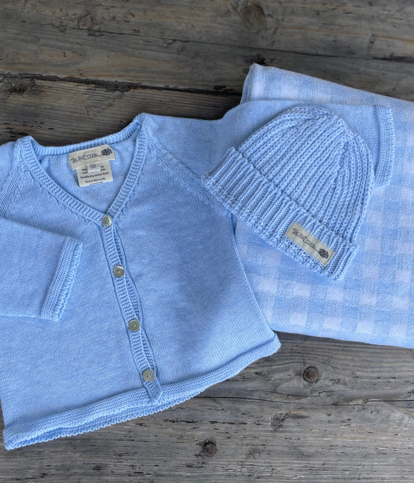 BABY SHOWER PACK - Fine Knit Cardigan + Chunky Knit Beanie + Gingham Cot Blanket