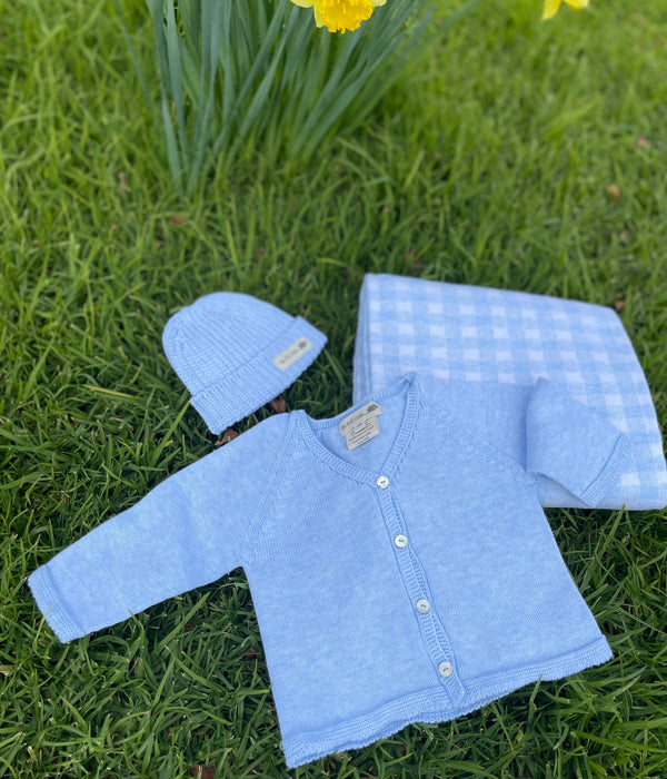 BABY SHOWER PACK - Fine Knit Cardigan + Chunky Knit Beanie + Gingham Cot Blanket