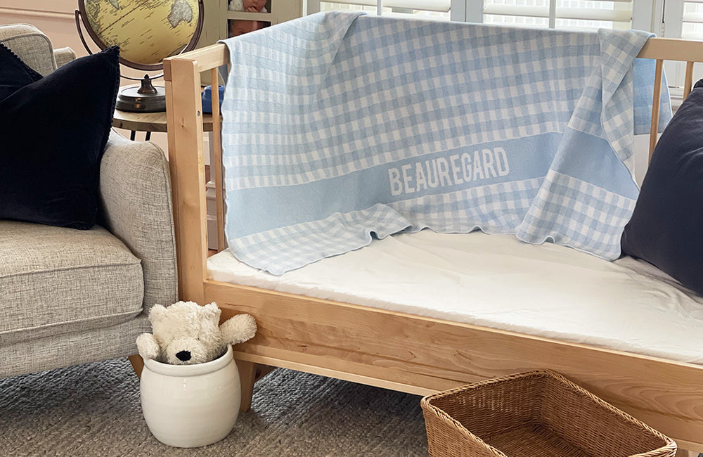 The Knit Studio personalised baby blankets are knitted in the finest quality Organic Cotton. This Gingham Cot sized blanket is Designed by us from our Designer Collection. Soft and luxurious, the perfect keepsake. Choose from our preselected colour combos. Sustainably, each blanket is individually knitted to order. This custom blanket is personalized with the name of your choice. Australian Made and owned, we provide free shipping worldwide. Great for couch cuddles too. Choice of size. 