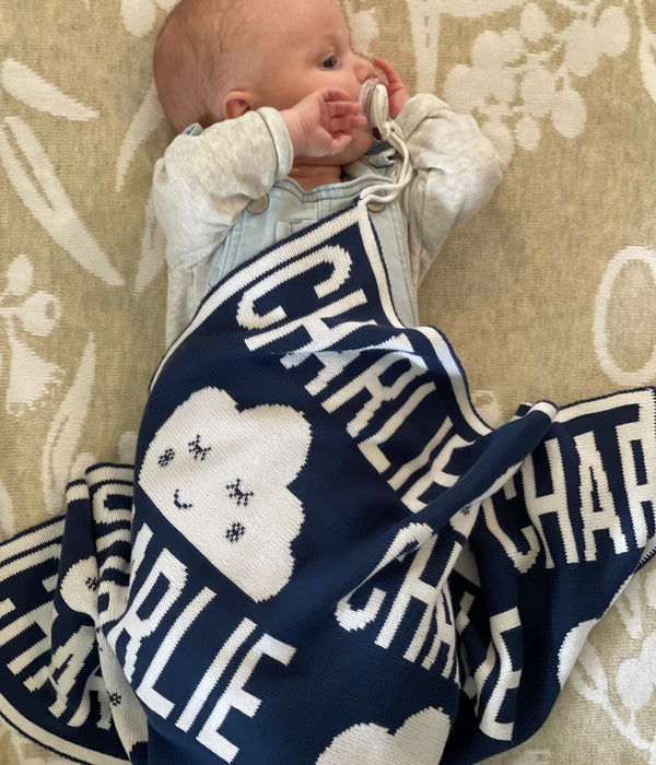 At The Knit Studio we knit our personalised baby blankets in 100% Organic Cotton. This Security blanket has a loop for a dummy and a loop to hold on to, the perfect keepsake. There are 25 colours and 7 fonts plus over 50 graphic symbols to choose from. Sustainably, each blanket is individually knitted to order. This custom blanket is personalized with the name of your choice. Australian Made and owned, we provide free shipping worldwide. Great for baby’s birthday or Car seat and Pram.